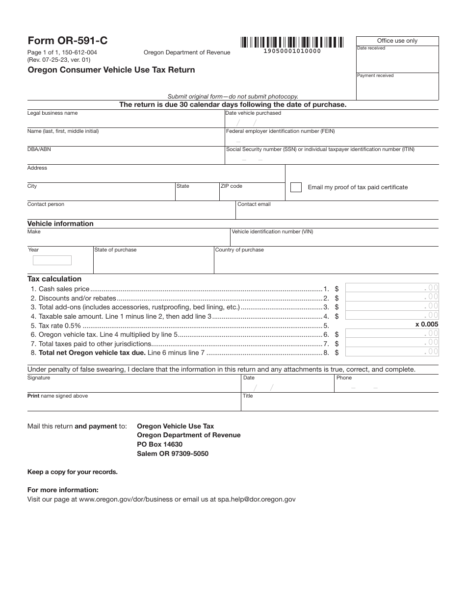 Form OR-591-C (150-612-004) Oregon Consumer Vehicle Use Tax Return - Oregon, Page 1