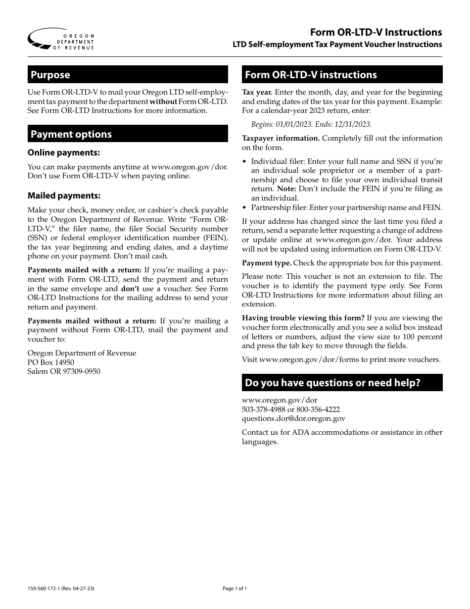 Instructions for Form OR-LTD-V, 150-560-172 Ltd Self-employment Tax Payment Voucher - Oregon, Page 1