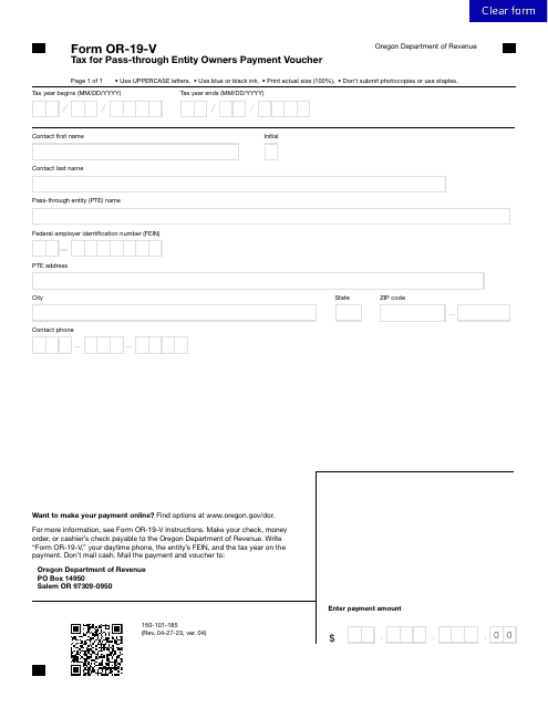 Form OR-19-V (150-101-185) Tax for Pass-Through Entity Owners Payment Voucher - Oregon
