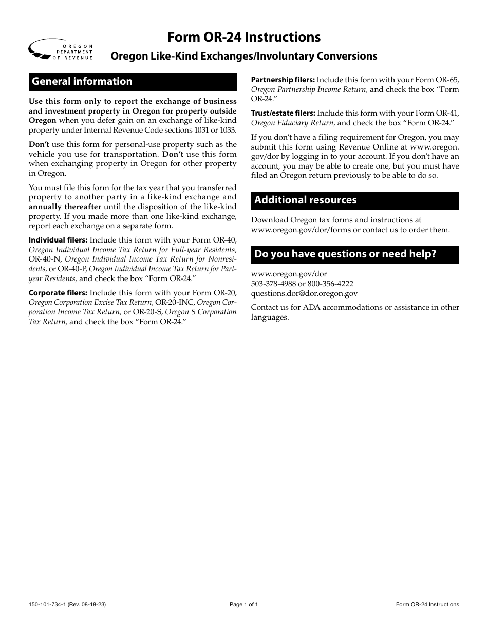Download Instructions for Form OR-24, 150-101-734 Oregon Like-Kind ...
