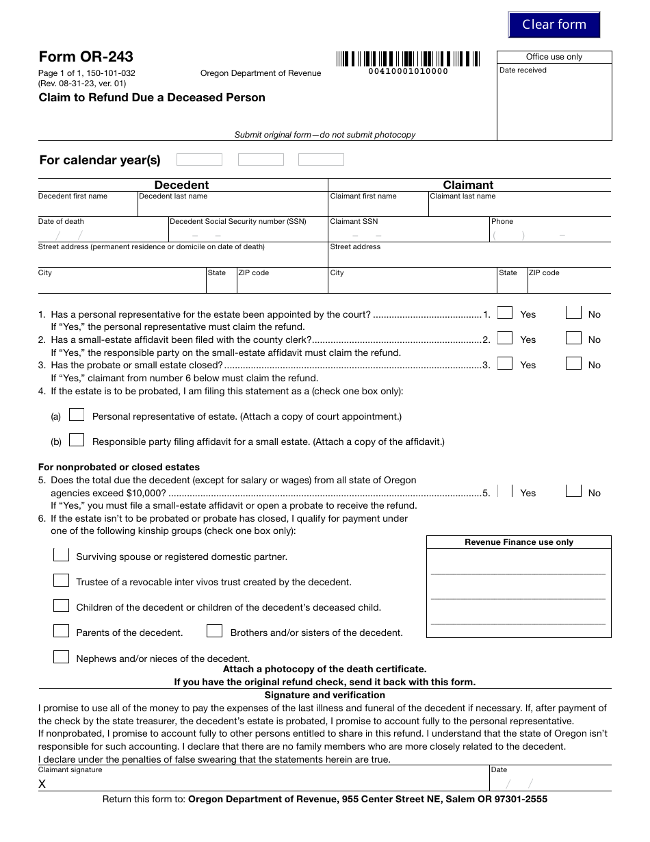 Form OR-243 (150-101-032) Claim to Refund Due a Deceased Person - Oregon, Page 1