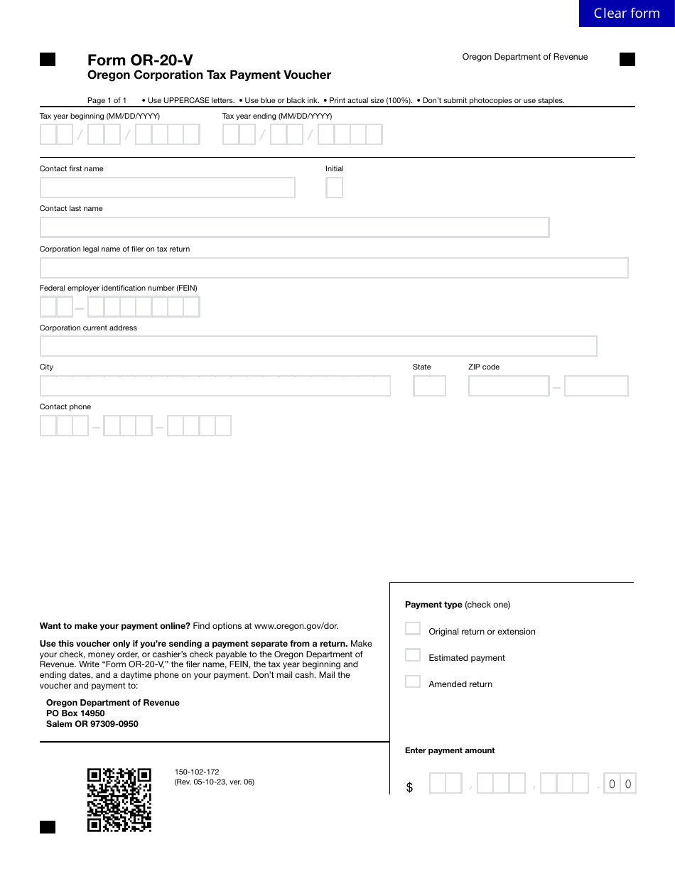 Form OR-20-V (150-102-172) Oregon Corporation Tax Payment Voucher - Oregon, Page 1