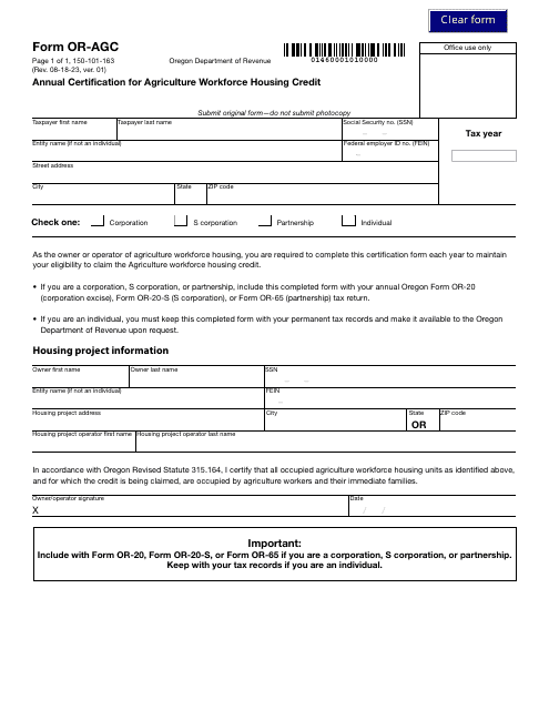 Form OR-AGC (150-101-163)  Printable Pdf