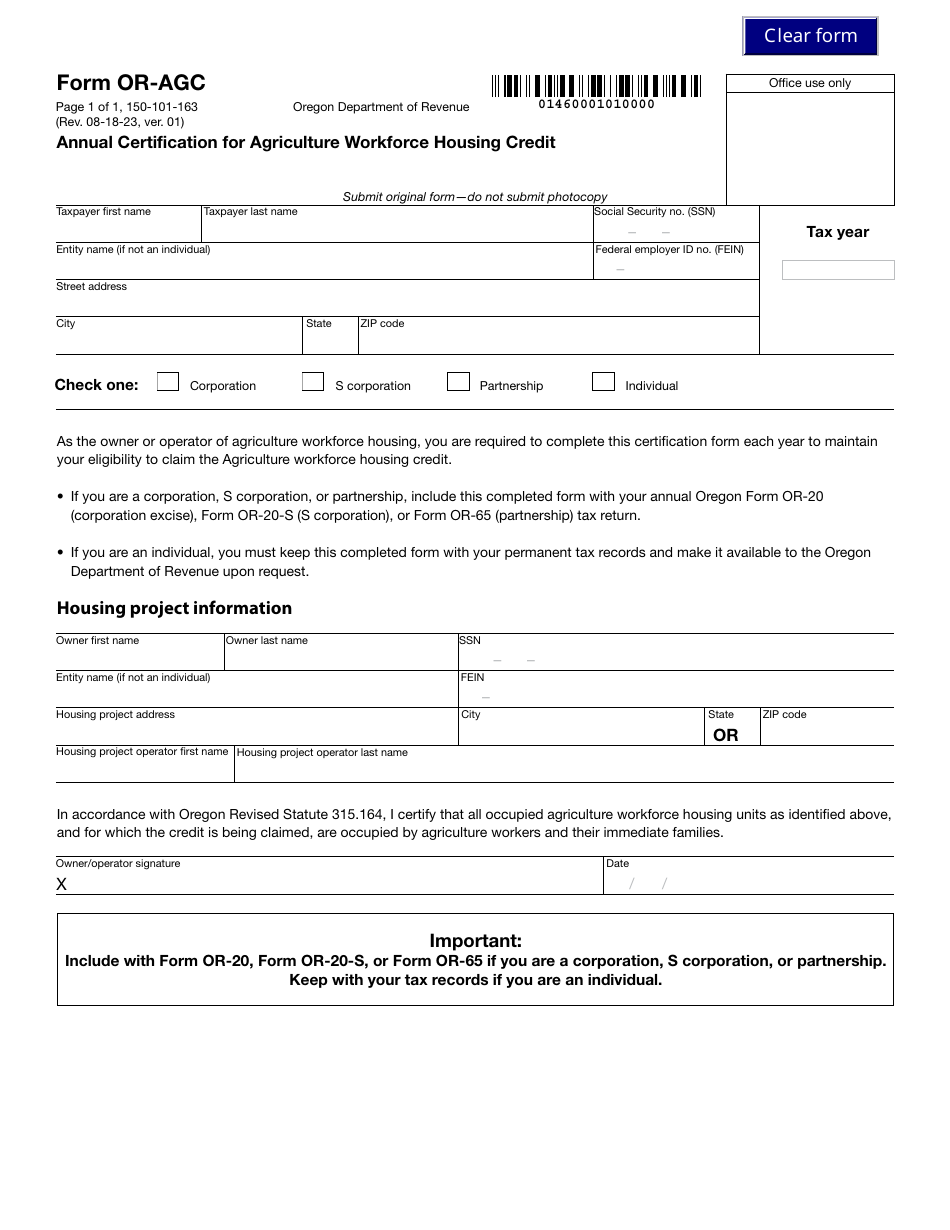 Form OR-AGC (150-101-163) Annual Certification for Agriculture Workforce Housing Credit - Oregon, Page 1