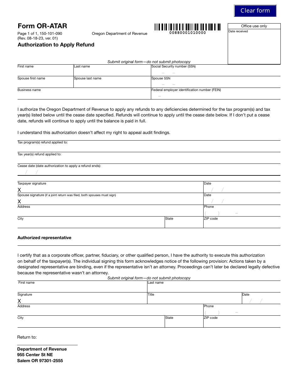 Form OR-ATAR (150-101-090) Authorization to Apply Refund - Oregon, Page 1