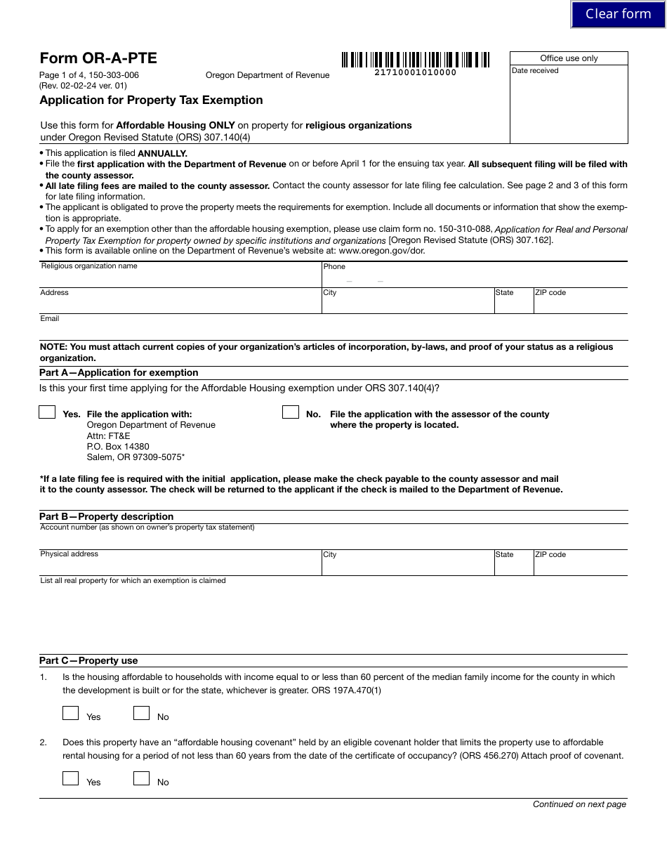 Form OR-A-PTE (150-303-006) Application for Property Tax Exemption - Oregon, Page 1