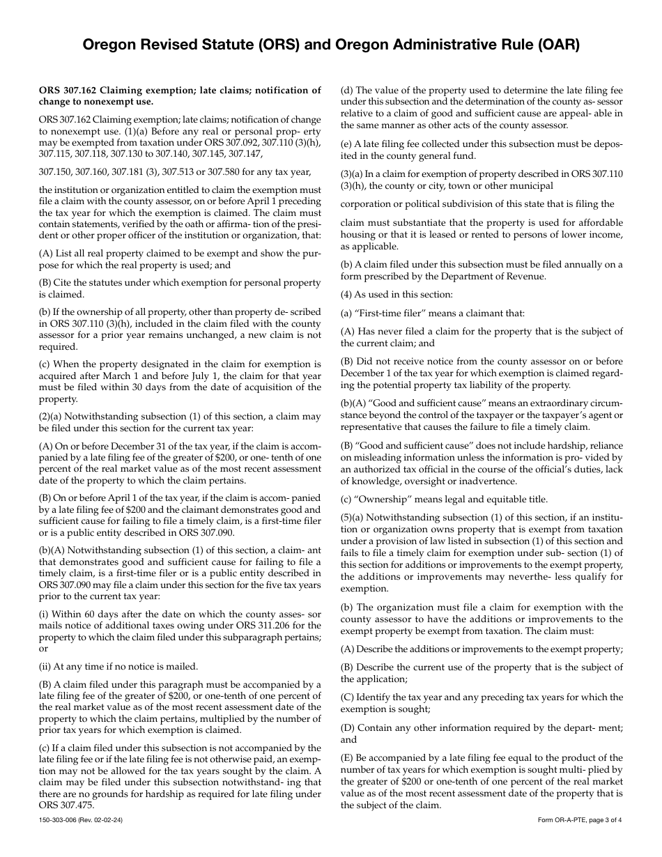 Form OR-A-PTE (150-303-006) Application for Property Tax Exemption - Oregon, Page 3