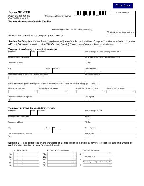Form OR-TFR (150-101-179) Transfer Notice for Certain Credits - Oregon