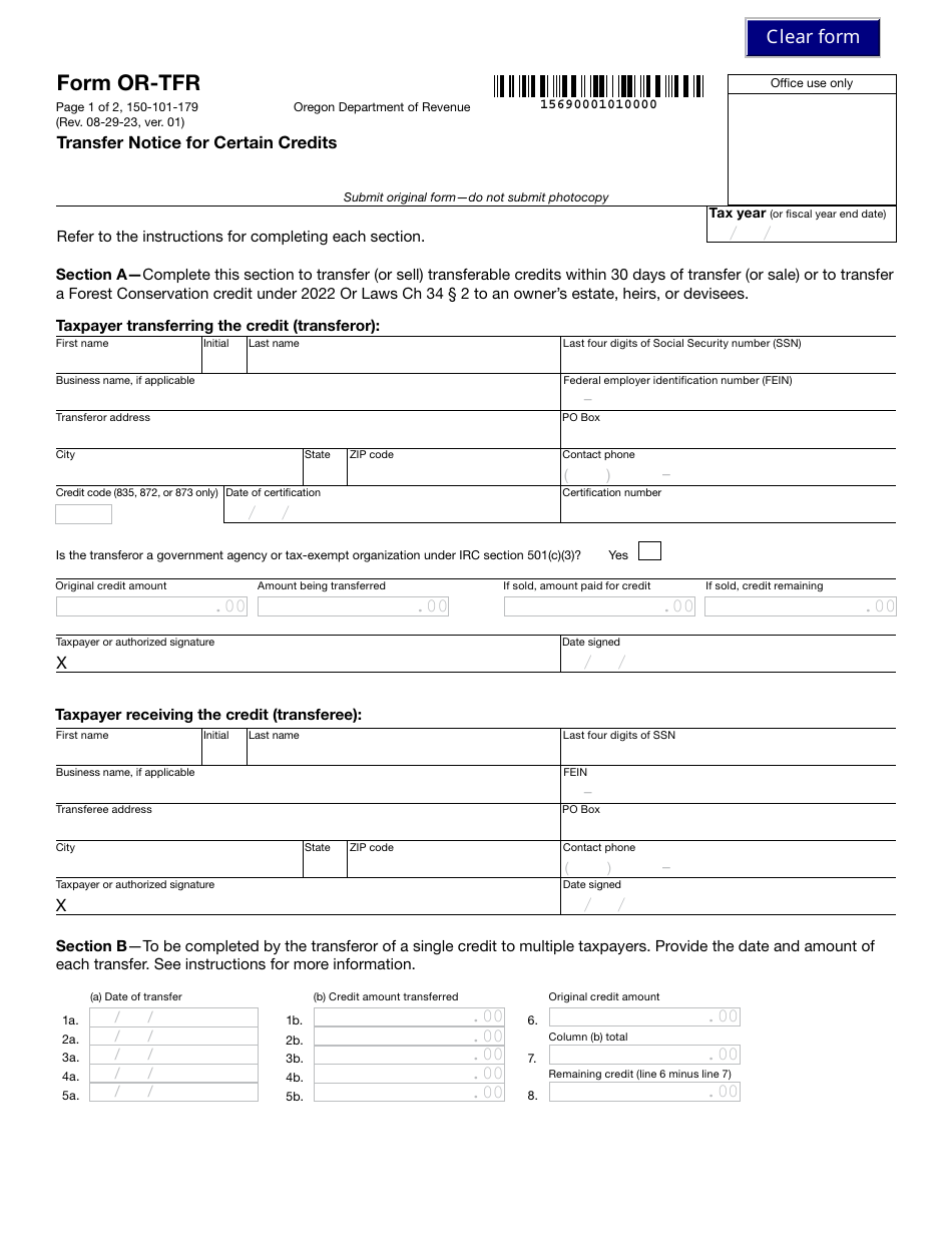 Form OR-TFR (150-101-179) Transfer Notice for Certain Credits - Oregon, Page 1