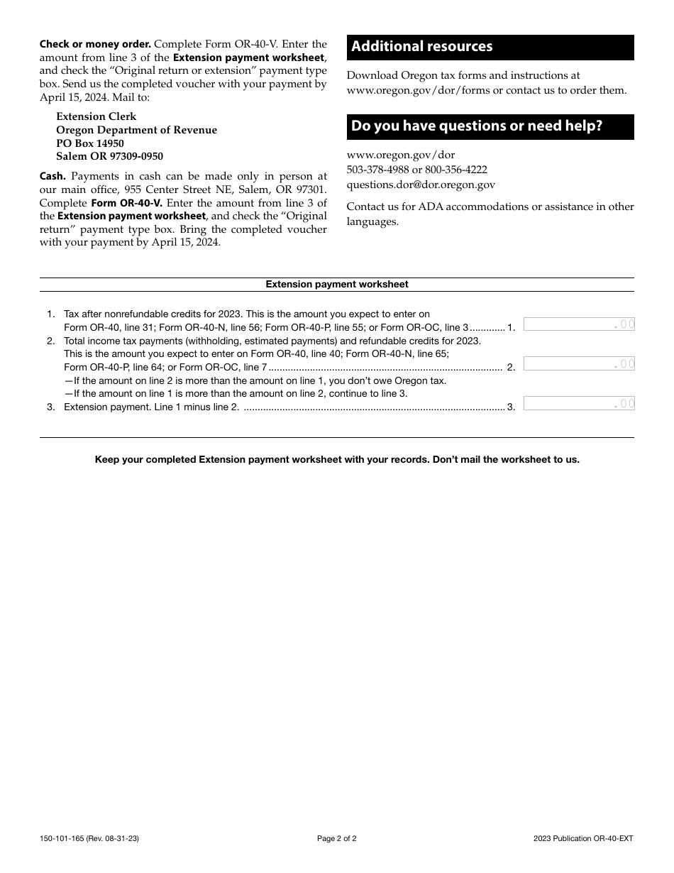 Form OR-40-EXT (150-101-165) Instructions for Automatic Extension of Time to File Oregon Individual Income Tax Return - Oregon, Page 2