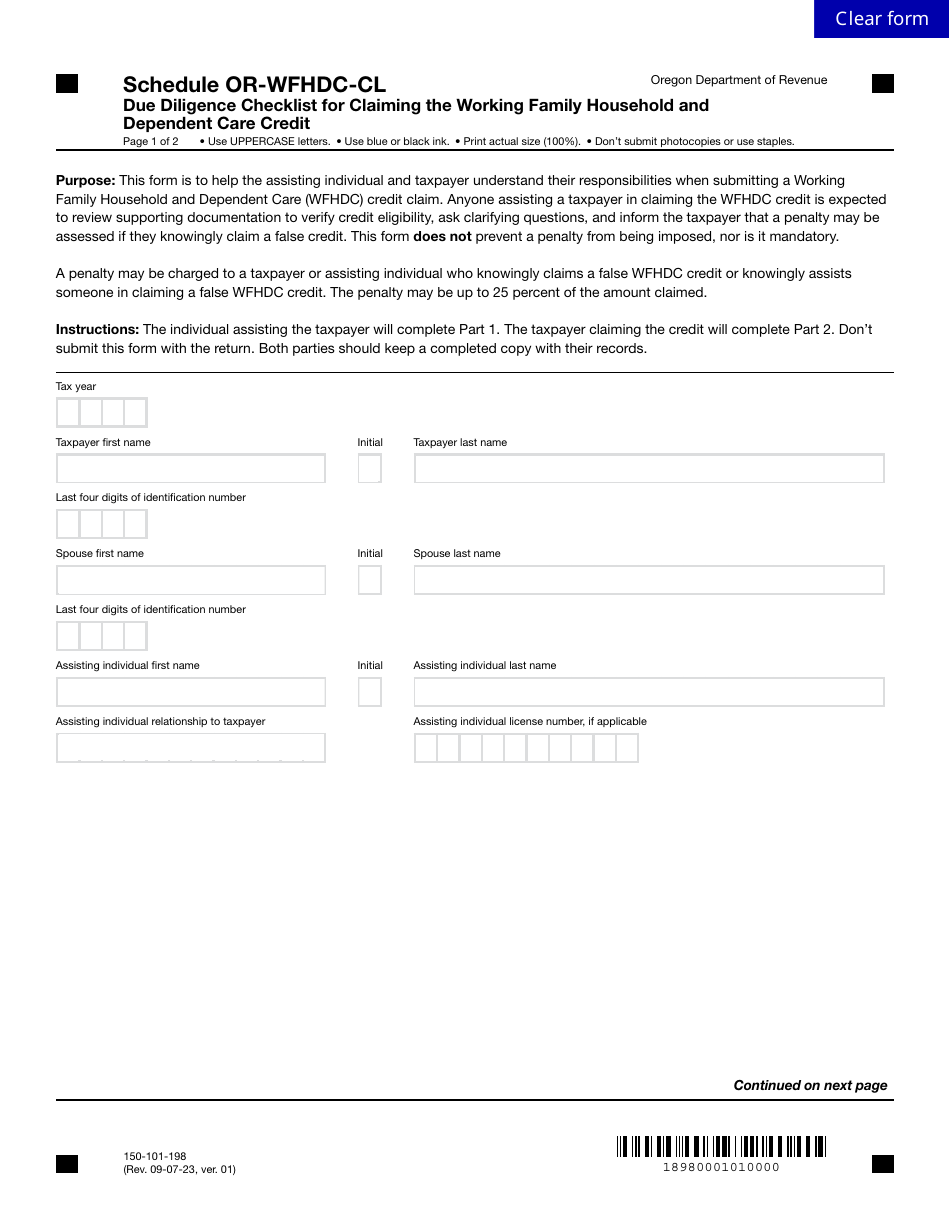 Form 150-101-198 Schedule OR-WFHDC-CL Due Diligence Checklist for Claiming the Working Family Household and Dependent Care Credit - Oregon, Page 1