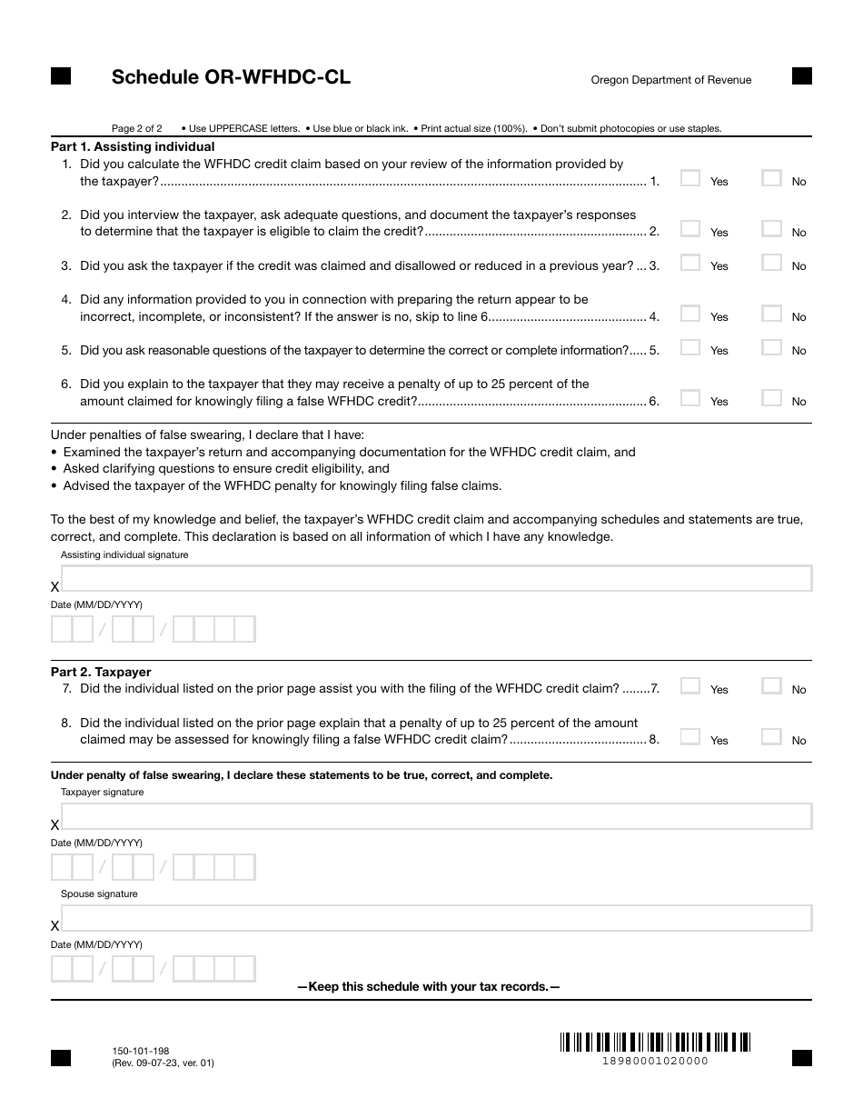 Form 150-101-198 Schedule OR-WFHDC-CL Due Diligence Checklist for Claiming the Working Family Household and Dependent Care Credit - Oregon, Page 2