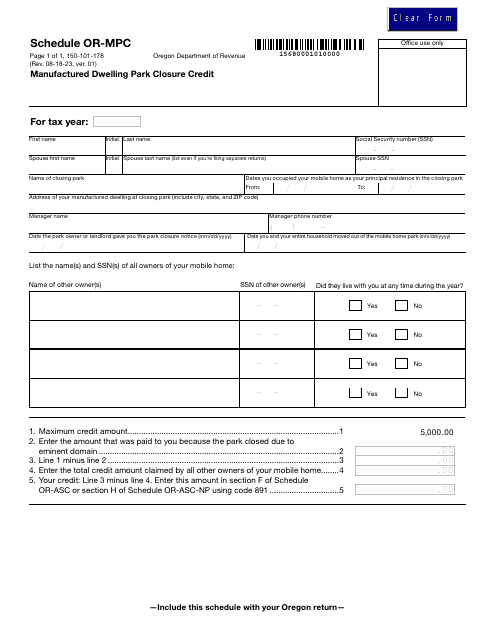 Form 150-101-178 Schedule OR-MPC Manufactured Dwelling Park Closure Credit - Oregon