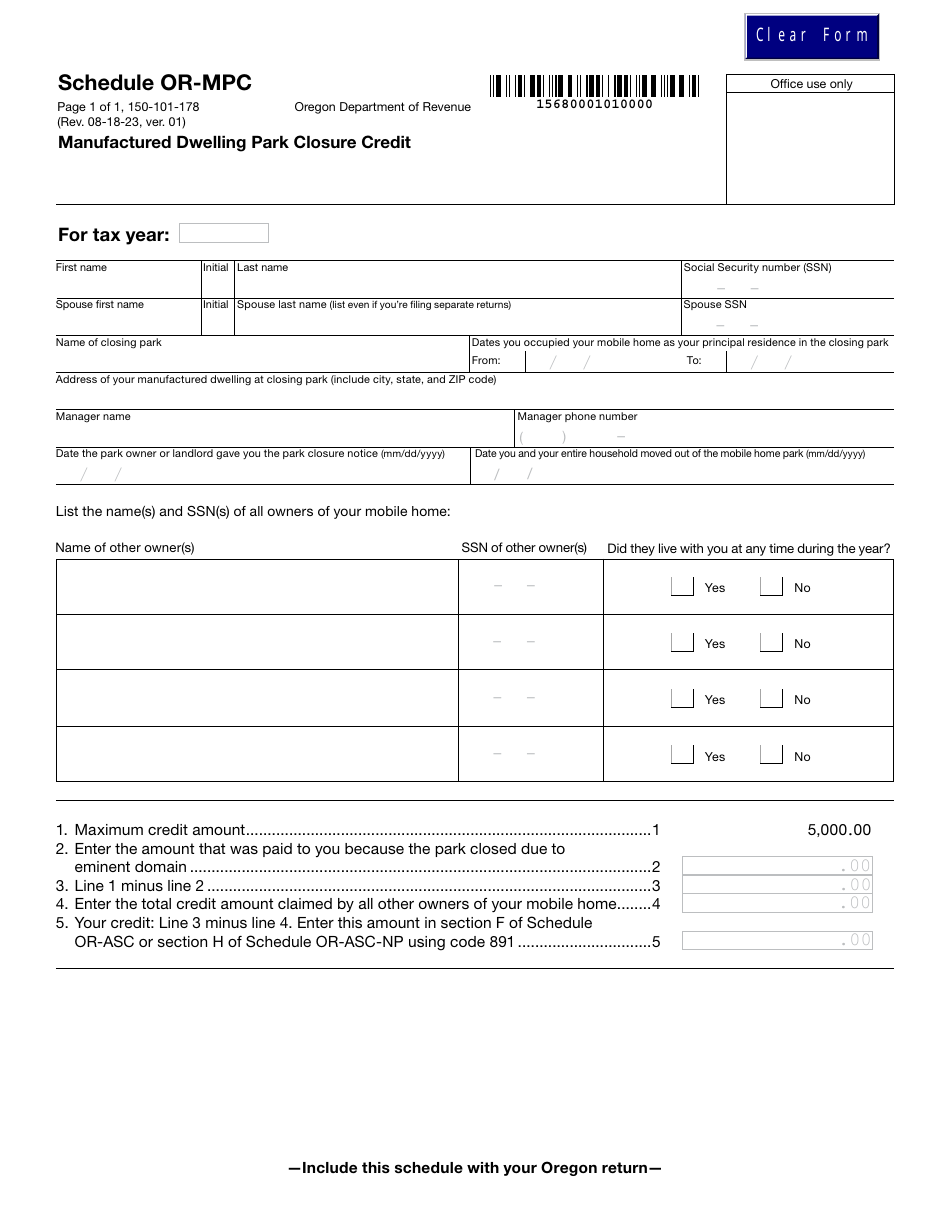Form 150-101-178 Schedule OR-MPC Manufactured Dwelling Park Closure Credit - Oregon, Page 1