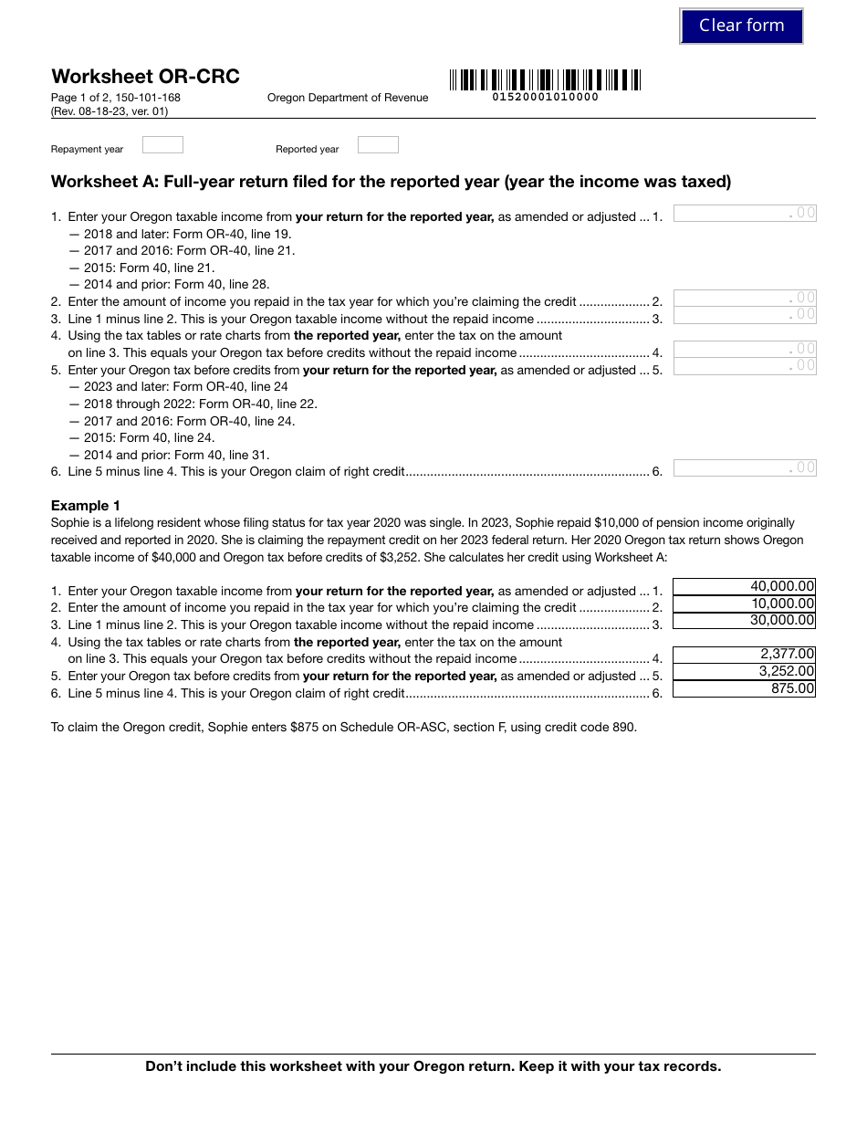 Form 150-101-168 Worksheet OR-CRC Claim of Right Income Repayments - Oregon, Page 2