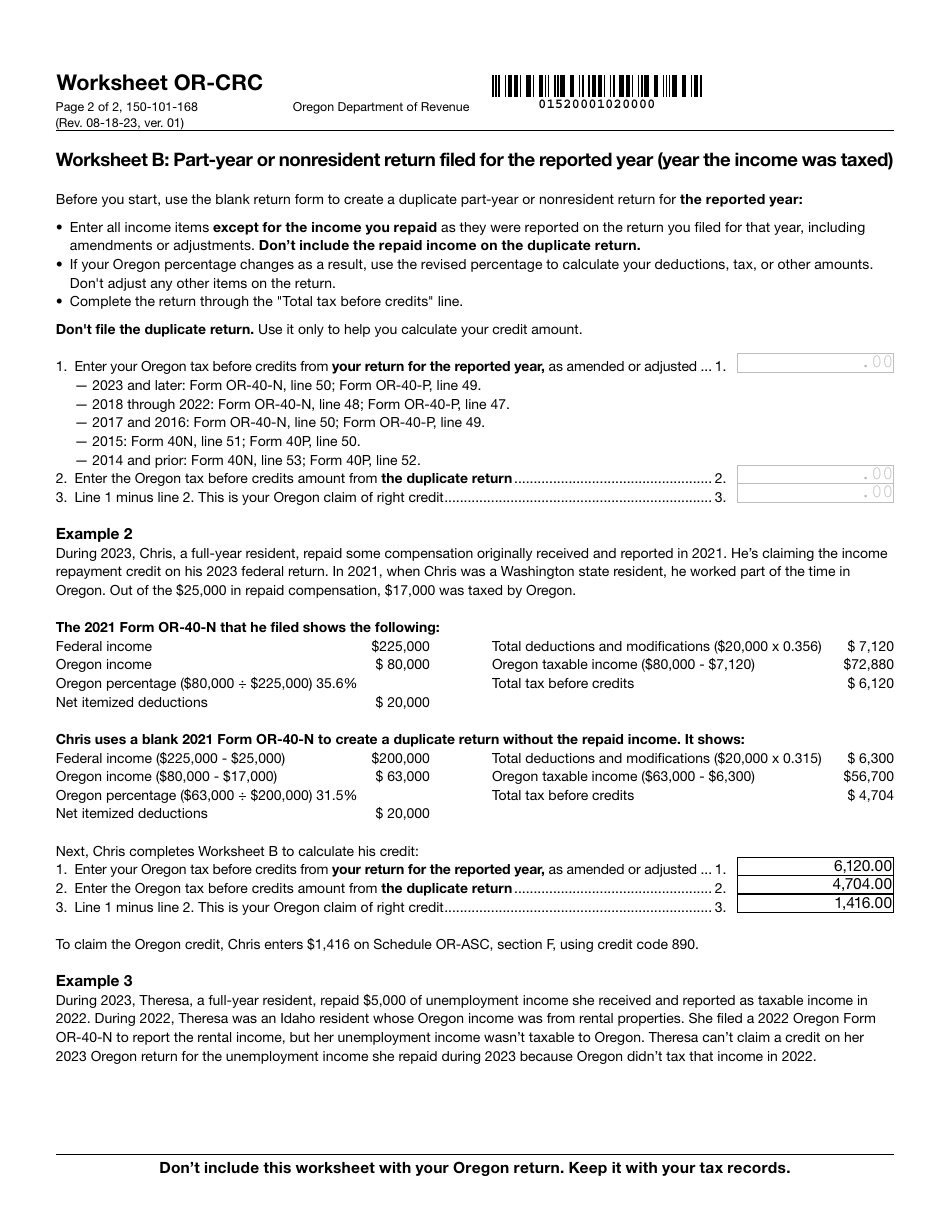 Form 150-101-168 Worksheet OR-CRC Claim of Right Income Repayments - Oregon, Page 3