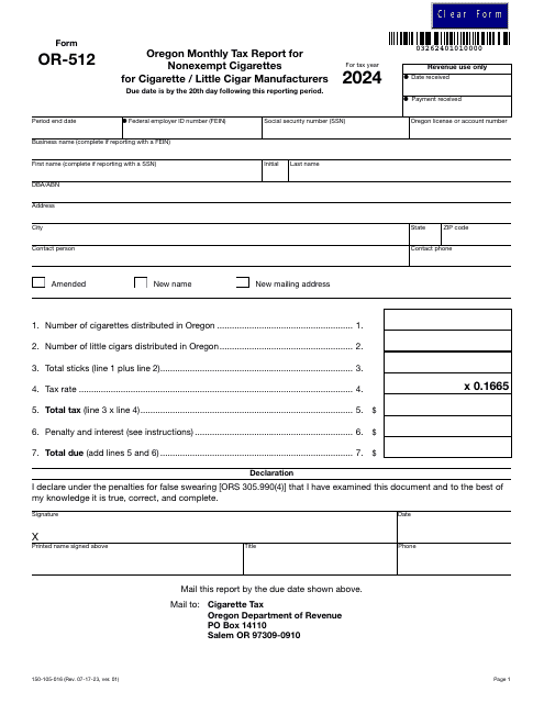 Form OR-512 (150-105-016) Oregon Monthly Tax Report for Nonexempt Cigarettes for Cigarette/Little Cigar Manufacturers - Oregon, 2024