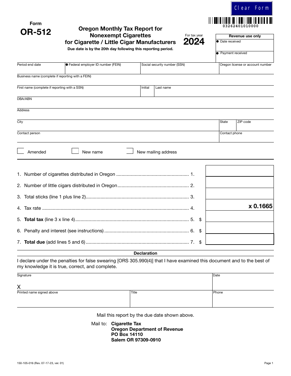 Form OR-512 (150-105-016) Oregon Monthly Tax Report for Nonexempt Cigarettes for Cigarette / Little Cigar Manufacturers - Oregon, Page 1