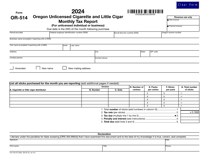 Form OR-514 (150-105-013) Oregon Unlicensed Cigarette and Little Cigar Monthly Tax Report (For Unlicensed Individual or Business) - Oregon, 2024