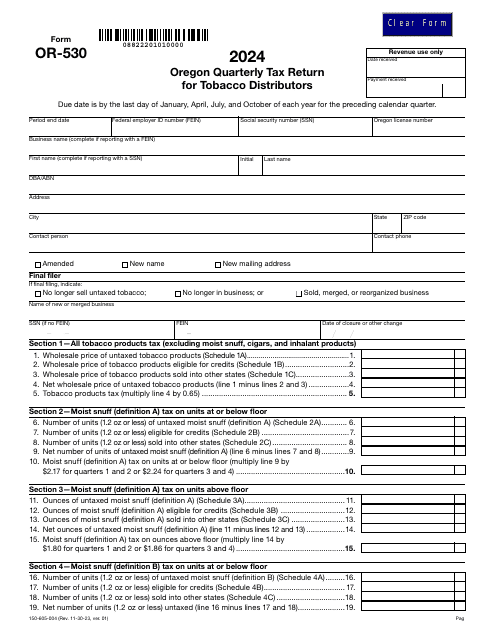 Form OR-530 (150-605-004) Oregon Quarterly Tax Return for Tobacco Distributors - Oregon, 2024