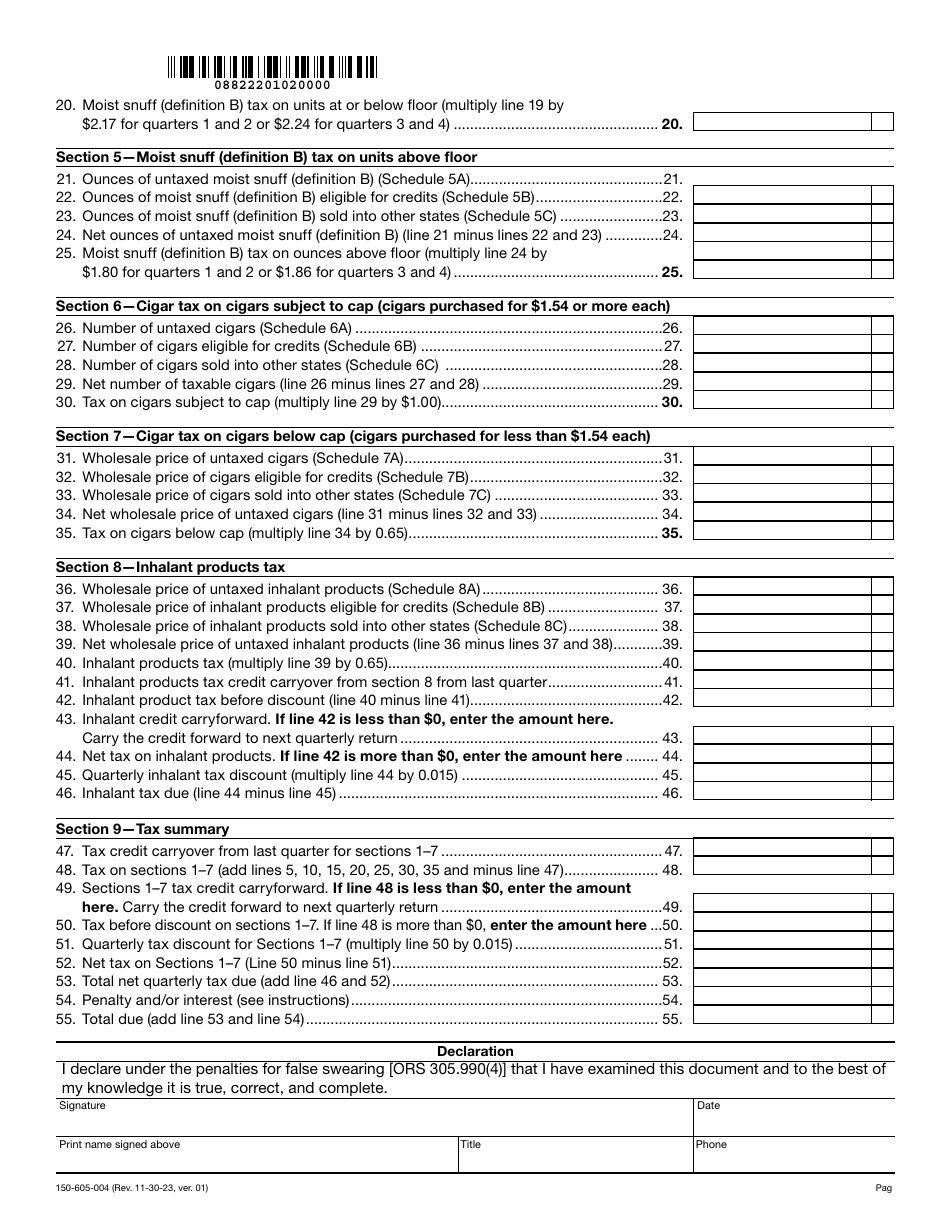 Form OR-530 (150-605-004) Oregon Quarterly Tax Return for Tobacco Distributors - Oregon, Page 2