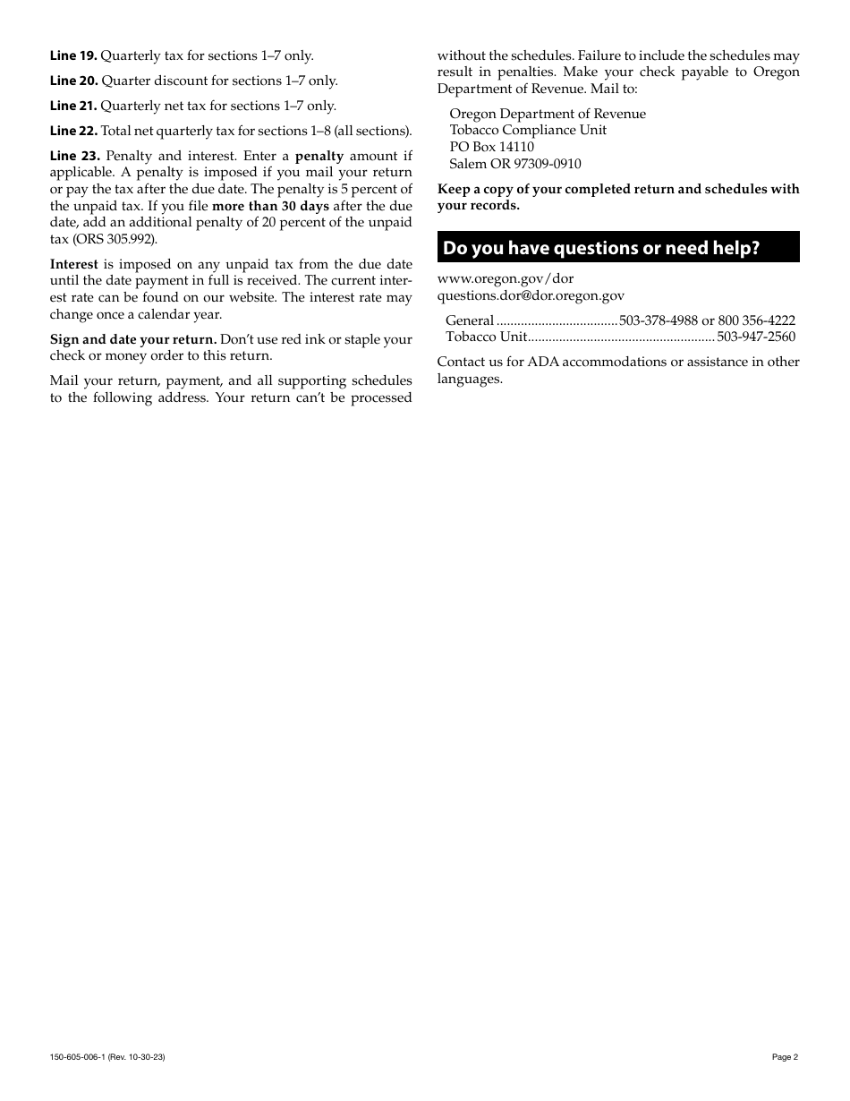 Instructions for Form OR-531, 150-605-006 Oregon Unlicensed Tobacco Quarterly Tax Return (For Non-licensed Individual or Business) - Oregon, Page 2