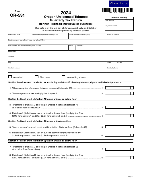Form OR-531 (150-605-006) Oregon Unlicensed Tobacco Quarterly Tax Return (For Non-licensed Individual or Business) - Oregon, 2024