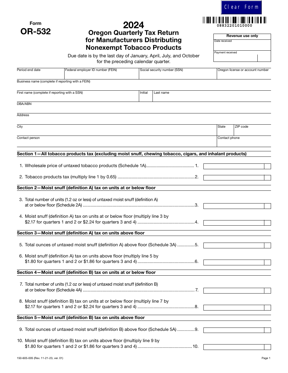 Form OR-532 (150-605-005) Oregon Quarterly Tax Return for Manufacturers Distributing Nonexempt Tobacco Products - Oregon, Page 1