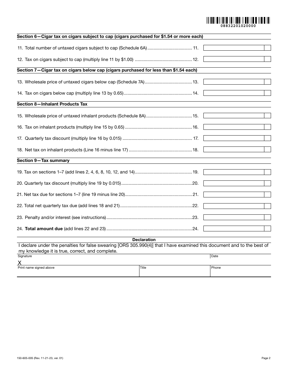 Form OR-532 (150-605-005) Oregon Quarterly Tax Return for Manufacturers Distributing Nonexempt Tobacco Products - Oregon, Page 2