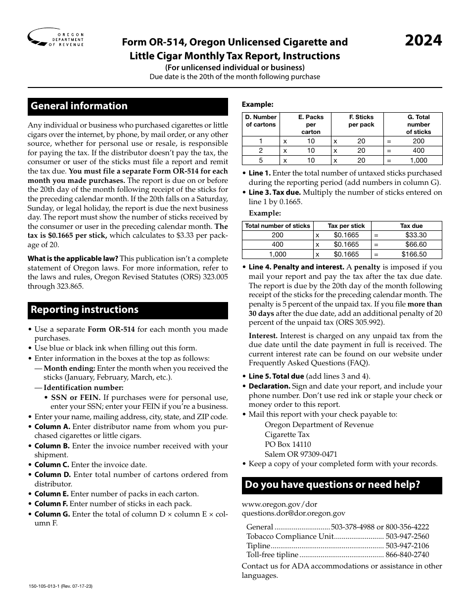 Instructions for Form OR-514, 150-105-013 Oregon Unlicensed Cigarette and Little Cigar Monthly Tax Report (For Unlicensed Individual or Business) - Oregon, Page 1