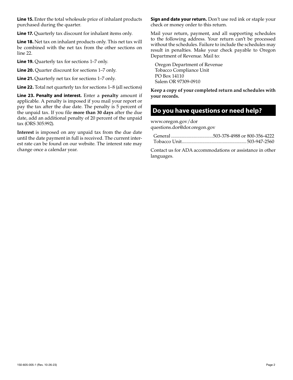 Instructions for Form OR-532, 150-605-005 Oregon Quarterly Tax Return for Manufacturers Distributing Nonexempt Tobacco Products - Oregon, Page 2