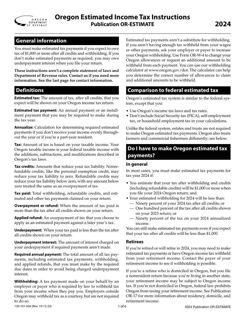 Form ORESTIMATE (150101026) Download Printable PDF or Fill Online