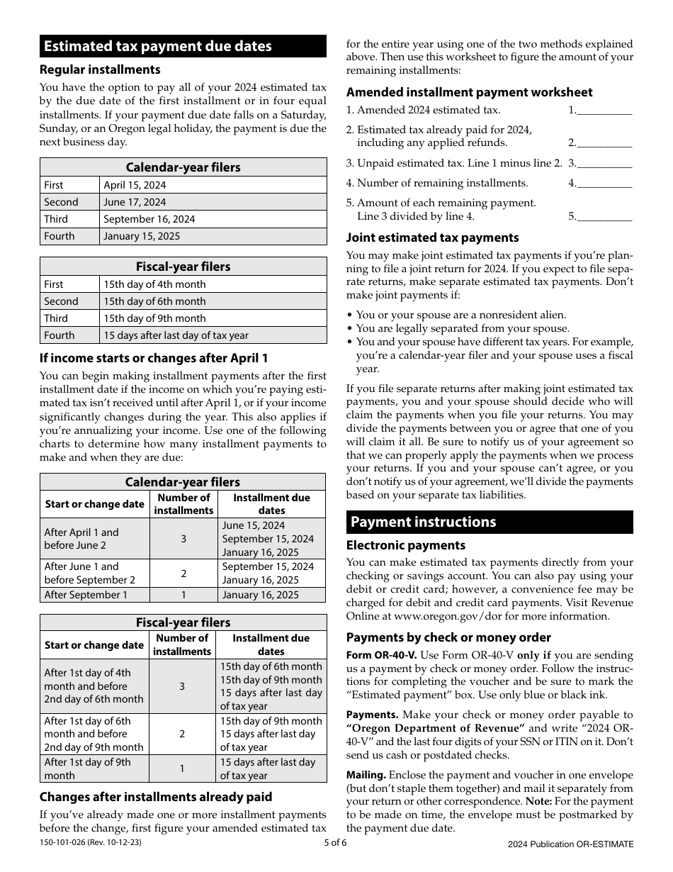 Form OR-ESTIMATE (150-101-026) Oregon Estimated Income Tax Instructions - Oregon, Page 5
