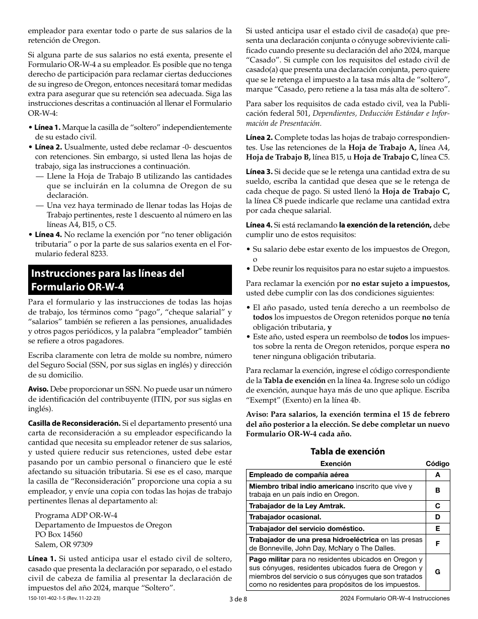 Instrucciones para Formulario OR-W-4, 150-101-402-5 Declaracion De Retenciones Y Certificado De Exencion De Oregon - Oregon (Spanish), Page 3