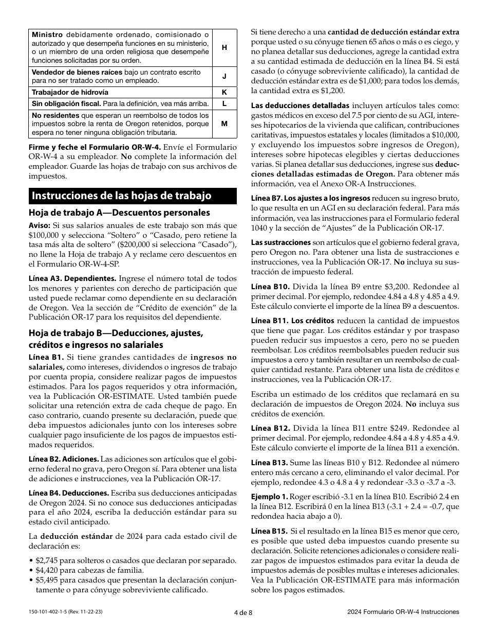 Instrucciones para Formulario OR-W-4, 150-101-402-5 Declaracion De Retenciones Y Certificado De Exencion De Oregon - Oregon (Spanish), Page 4