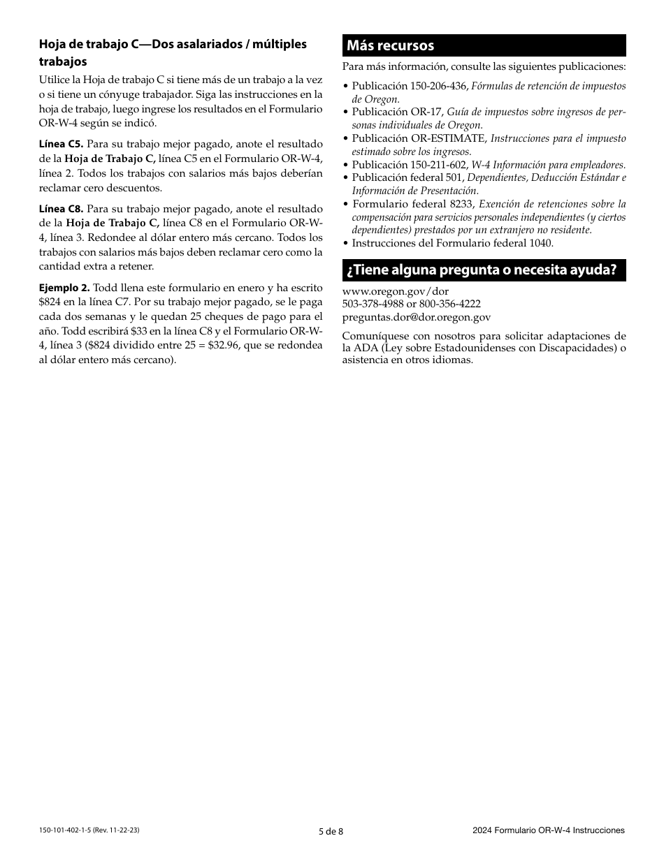 Instrucciones para Formulario OR-W-4, 150-101-402-5 Declaracion De Retenciones Y Certificado De Exencion De Oregon - Oregon (Spanish), Page 5