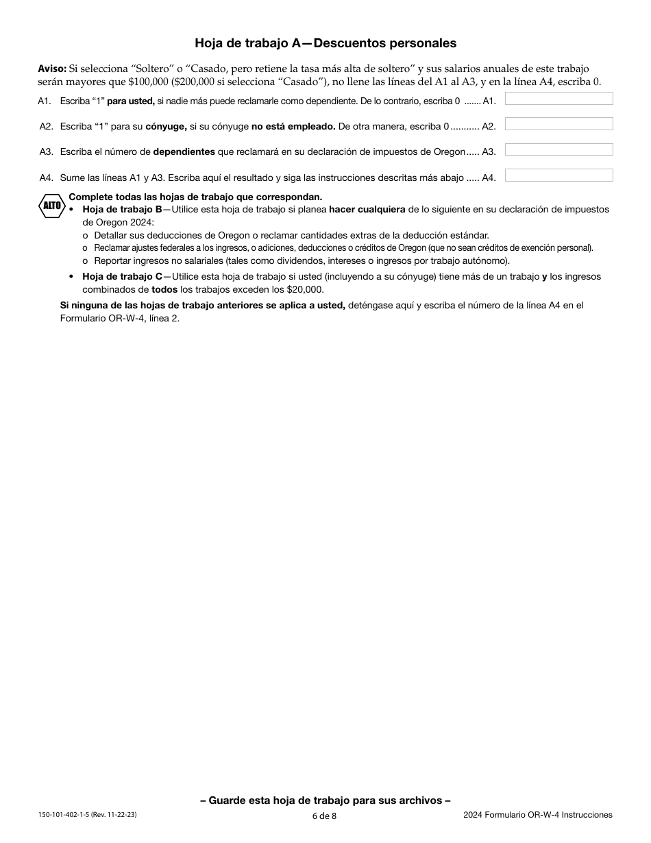 Instrucciones para Formulario OR-W-4, 150-101-402-5 Declaracion De Retenciones Y Certificado De Exencion De Oregon - Oregon (Spanish), Page 6