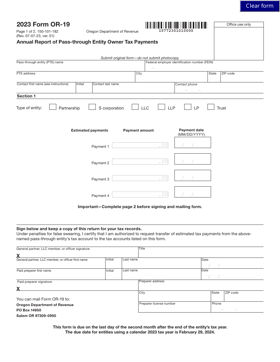 Form OR-19 (150-101-182) Annual Report of Pass-Through Entity Owner Tax Payments - Oregon, Page 1