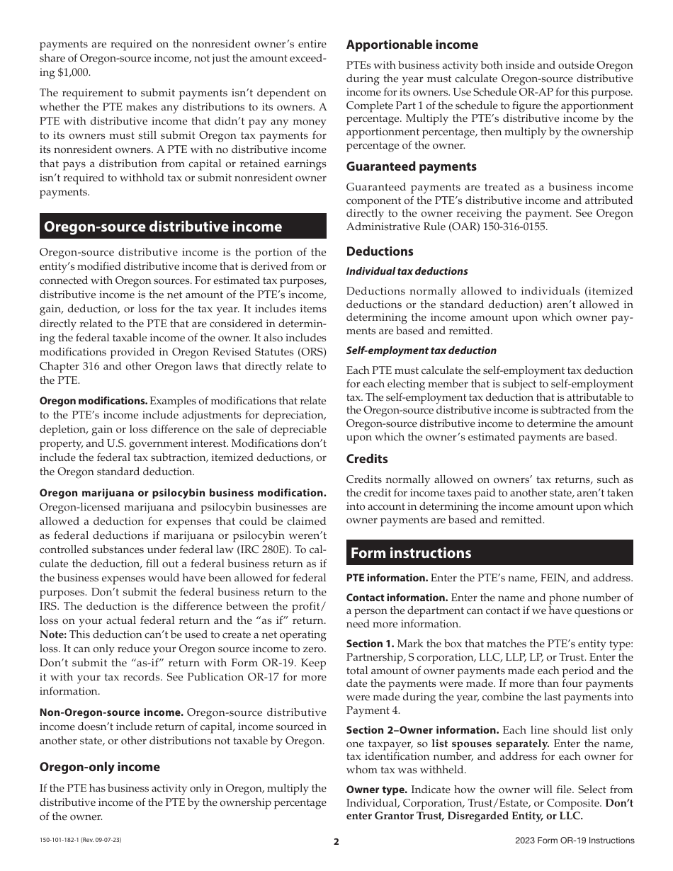 Instructions for Form OR-19, 150-101-182 Annual Report of Pass-Through Entity Owner Tax Payments - Oregon, Page 2