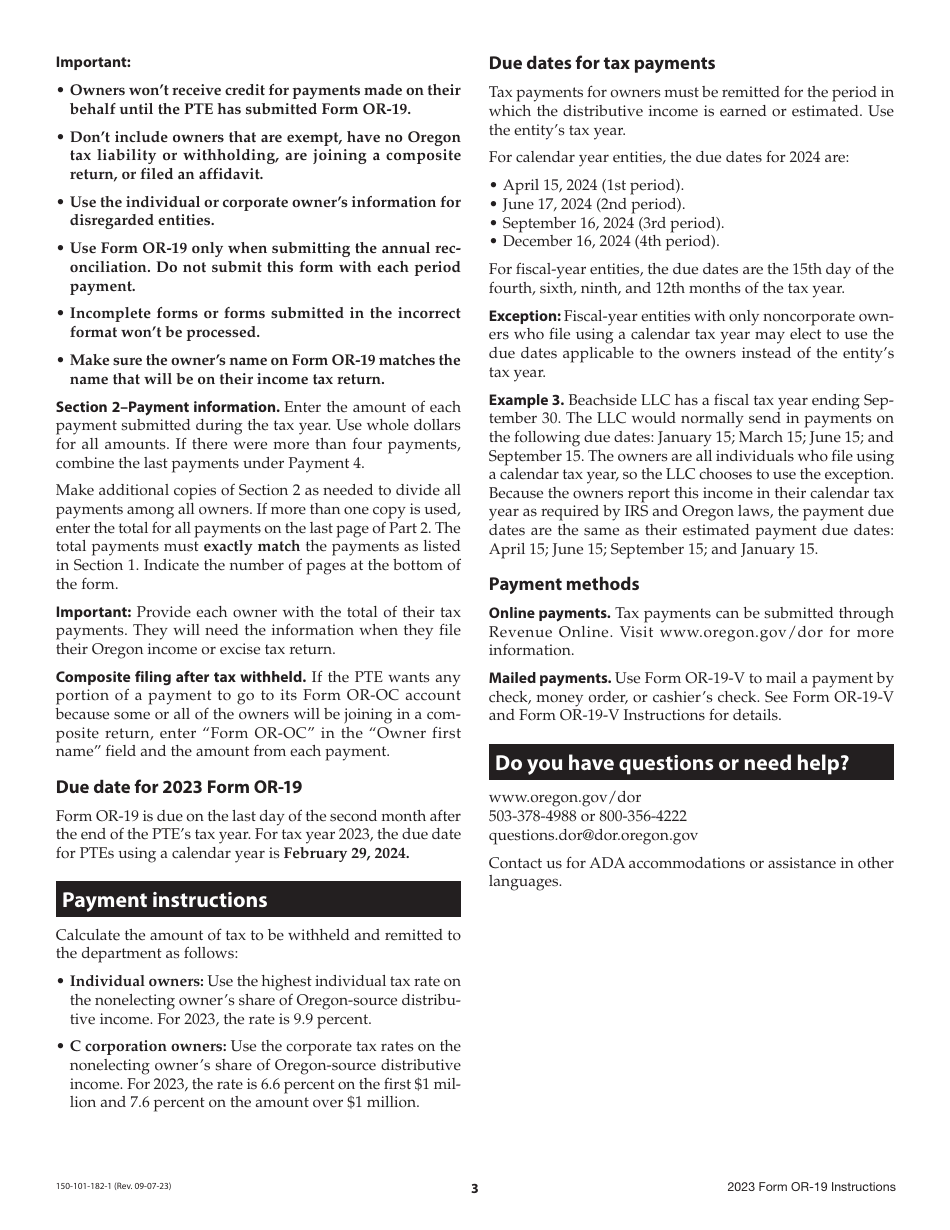 Instructions for Form OR-19, 150-101-182 Annual Report of Pass-Through Entity Owner Tax Payments - Oregon, Page 3