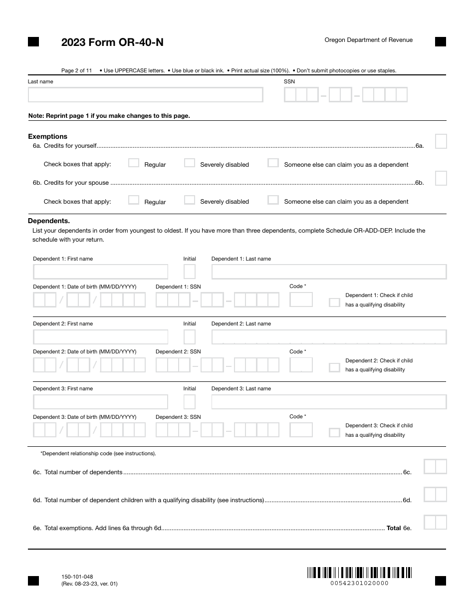 Form OR-40-N (150-101-048) Oregon Individual Income Tax Return for Nonresidents - Oregon, Page 2
