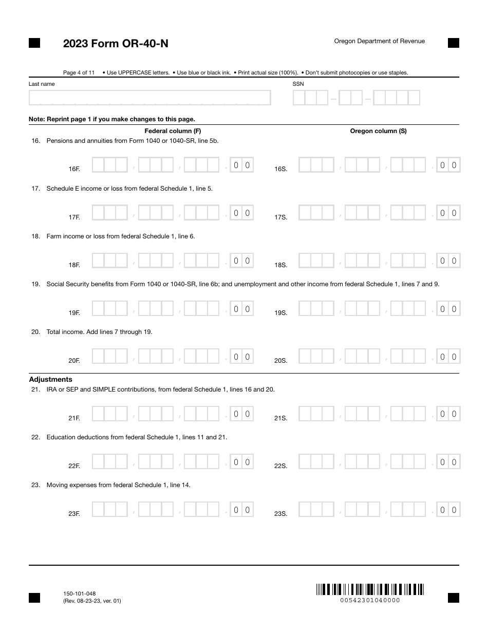 Form OR-40-N (150-101-048) Oregon Individual Income Tax Return for Nonresidents - Oregon, Page 4
