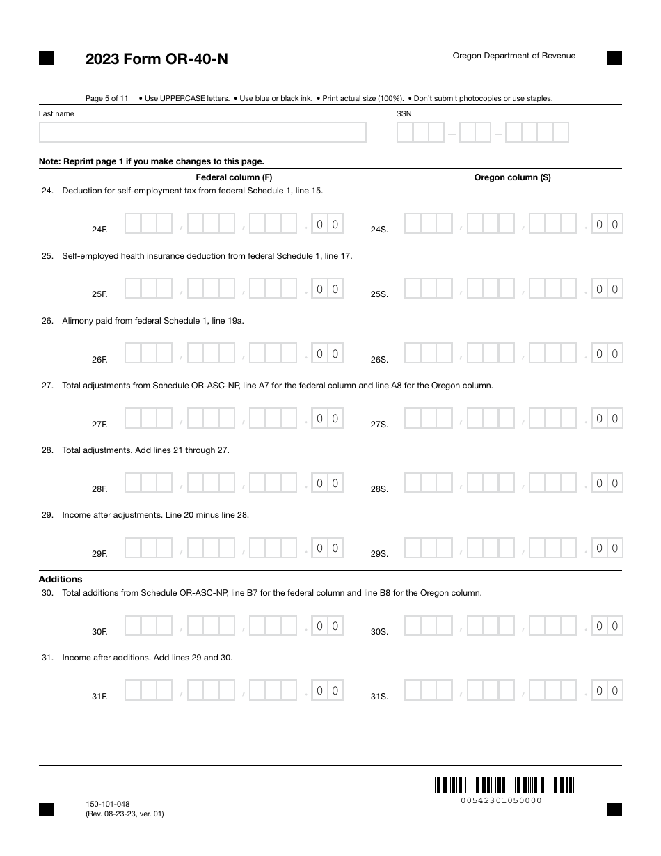 Form OR-40-N (150-101-048) Oregon Individual Income Tax Return for Nonresidents - Oregon, Page 5