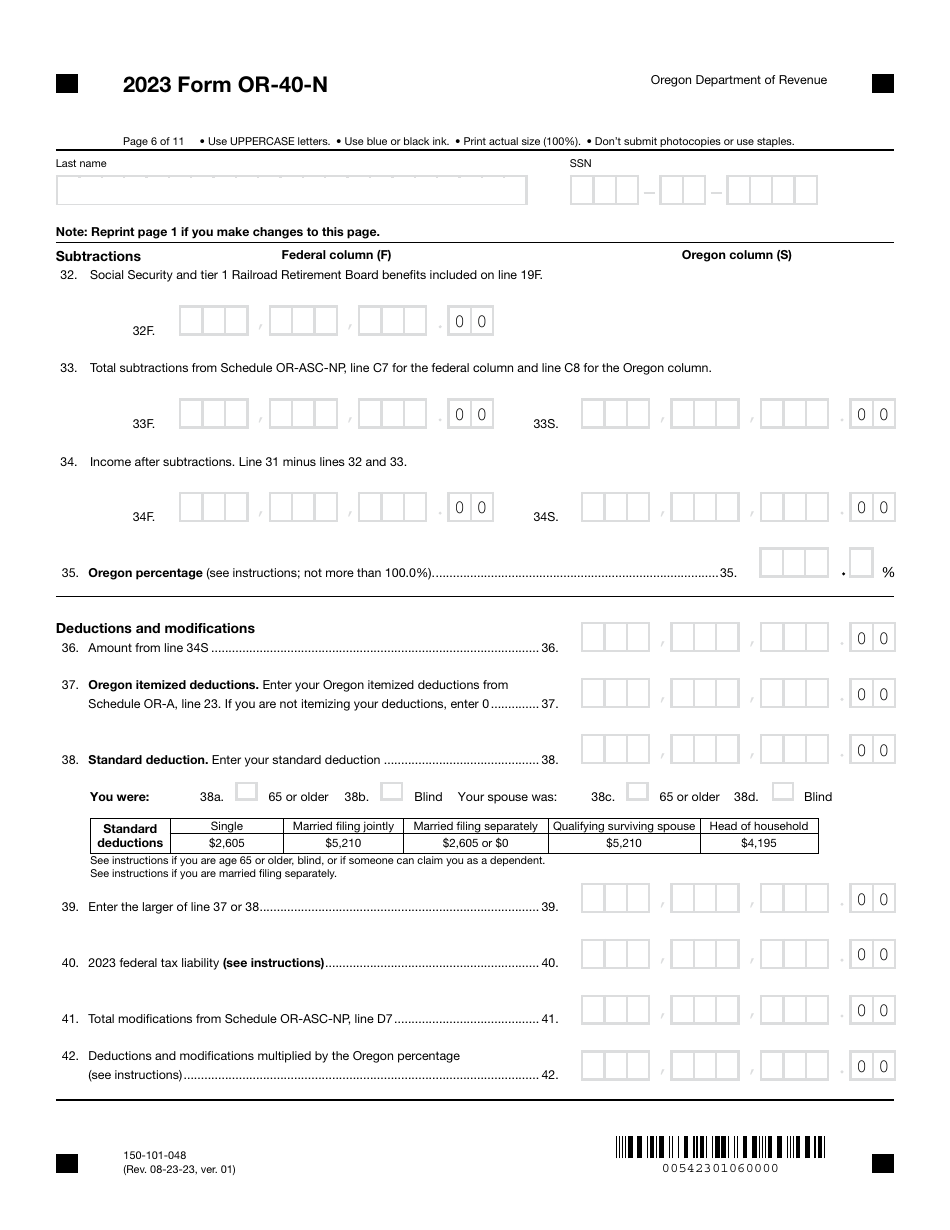 Form OR-40-N (150-101-048) Oregon Individual Income Tax Return for Nonresidents - Oregon, Page 6