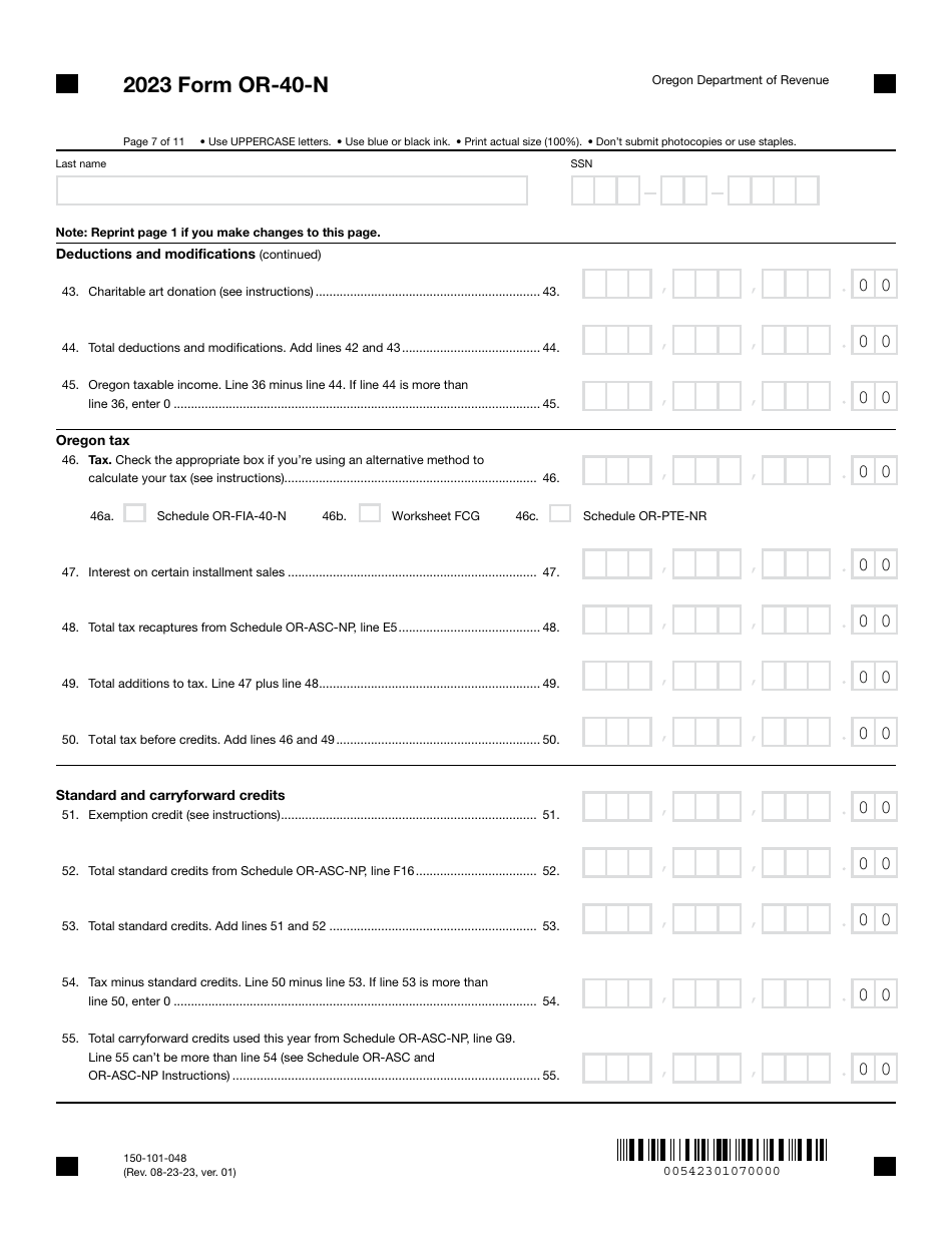 Form OR-40-N (150-101-048) Oregon Individual Income Tax Return for Nonresidents - Oregon, Page 7