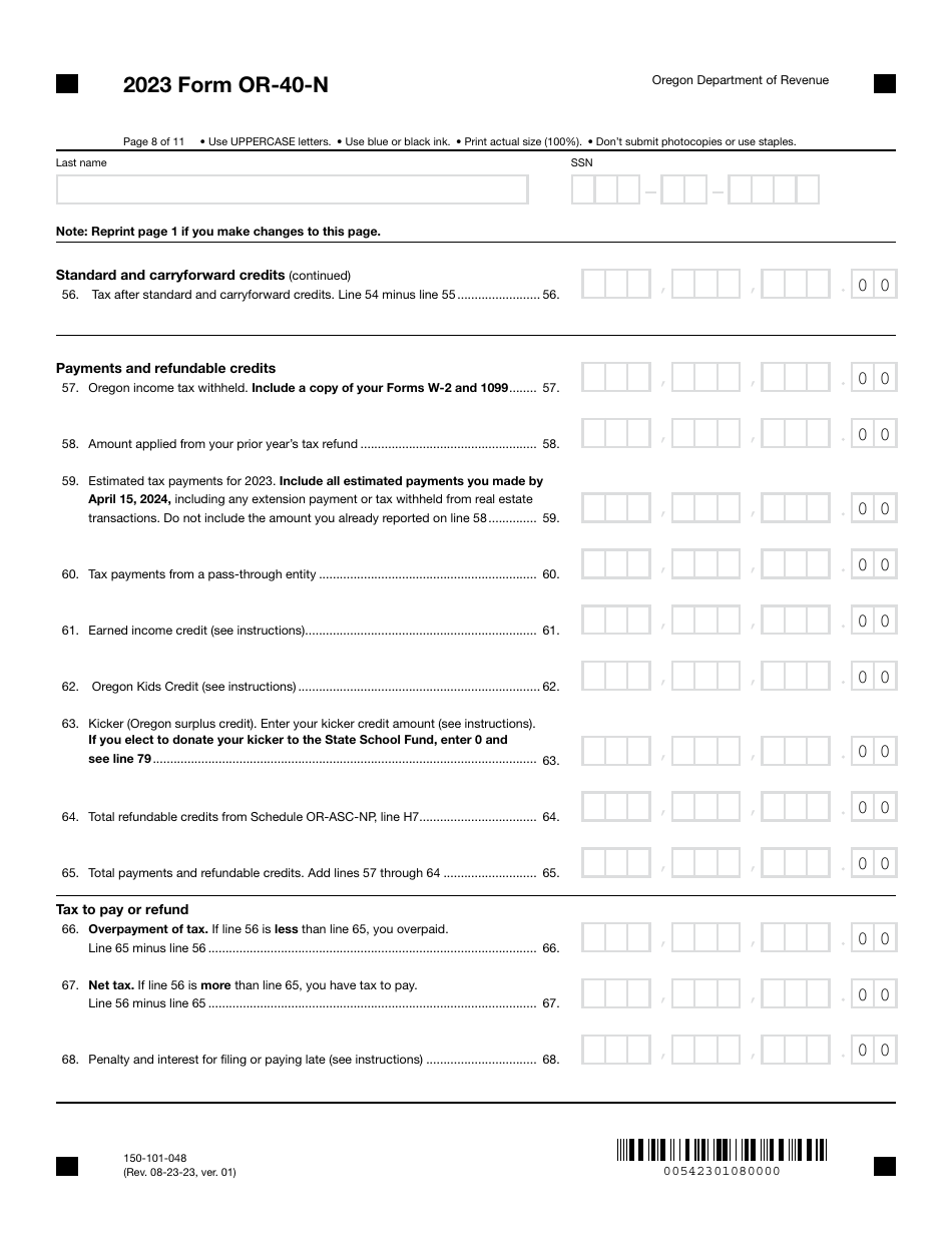 Form OR-40-N (150-101-048) Oregon Individual Income Tax Return for Nonresidents - Oregon, Page 8