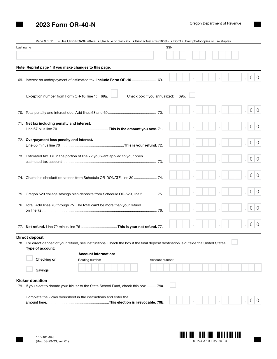Form OR-40-N (150-101-048) Oregon Individual Income Tax Return for Nonresidents - Oregon, Page 9