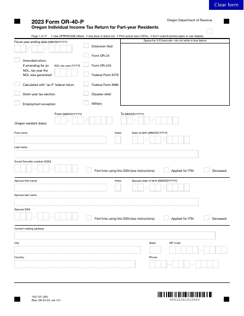 Form OR-40-P (150-101-055) Oregon Individual Income Tax Return for Part-Year Residents - Oregon, 2023