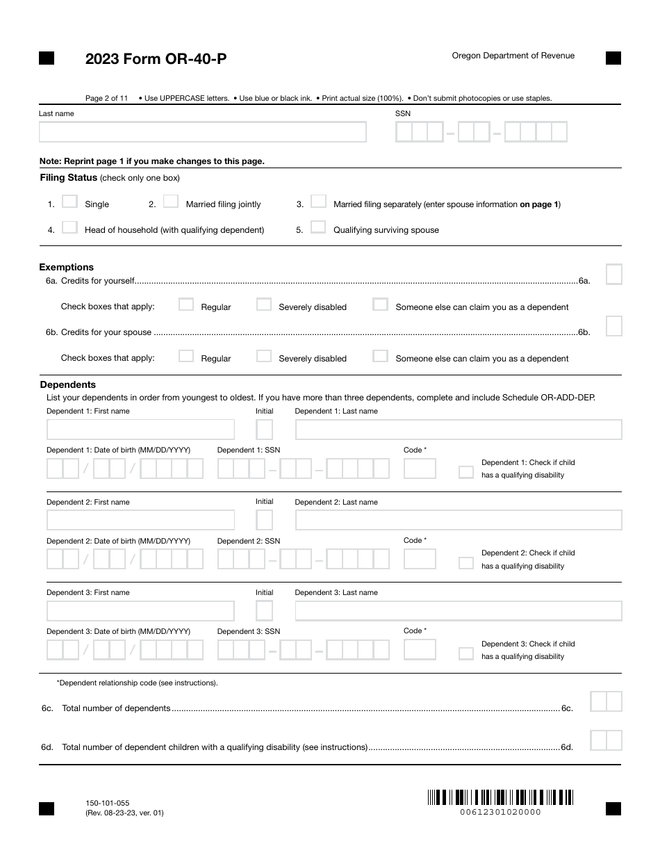 Form OR-40-P (150-101-055) Oregon Individual Income Tax Return for Part-Year Residents - Oregon, Page 2