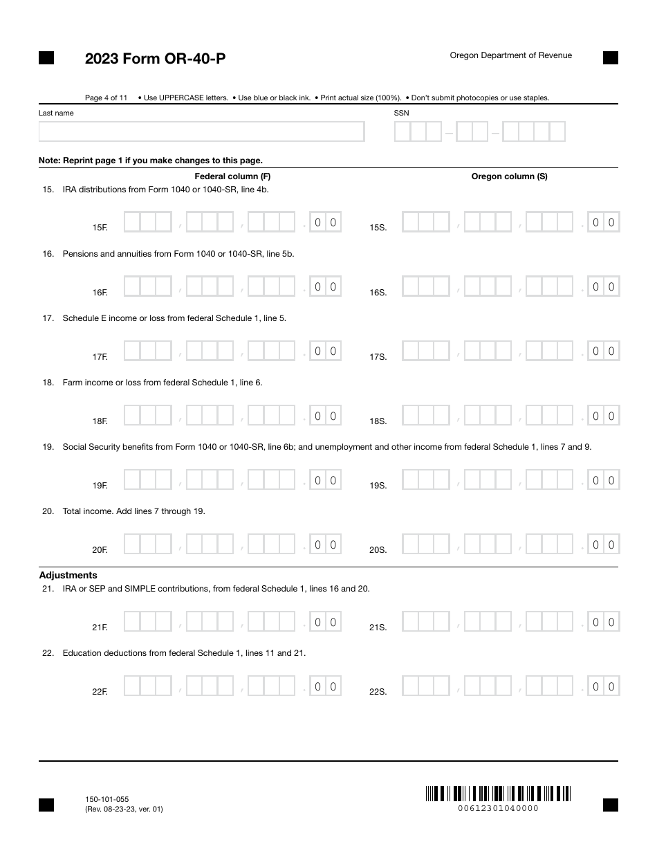 Form OR-40-P (150-101-055) Oregon Individual Income Tax Return for Part-Year Residents - Oregon, Page 4